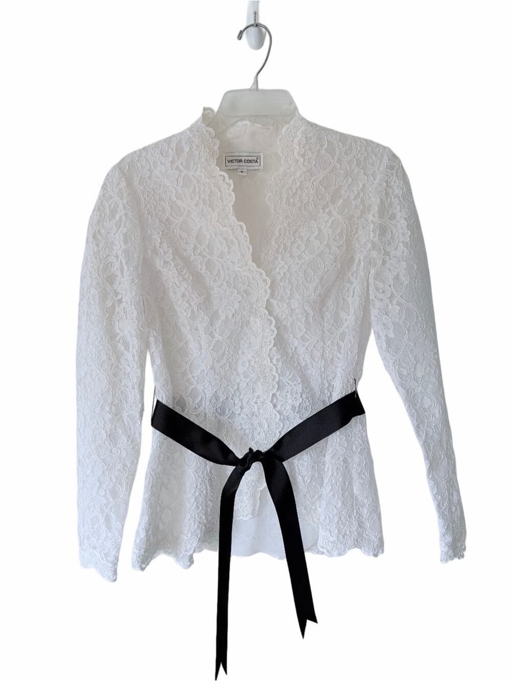 Vintage Victor Costa White Lace Scallop Edge Long Sleeve Blouse size 6 Ribbon